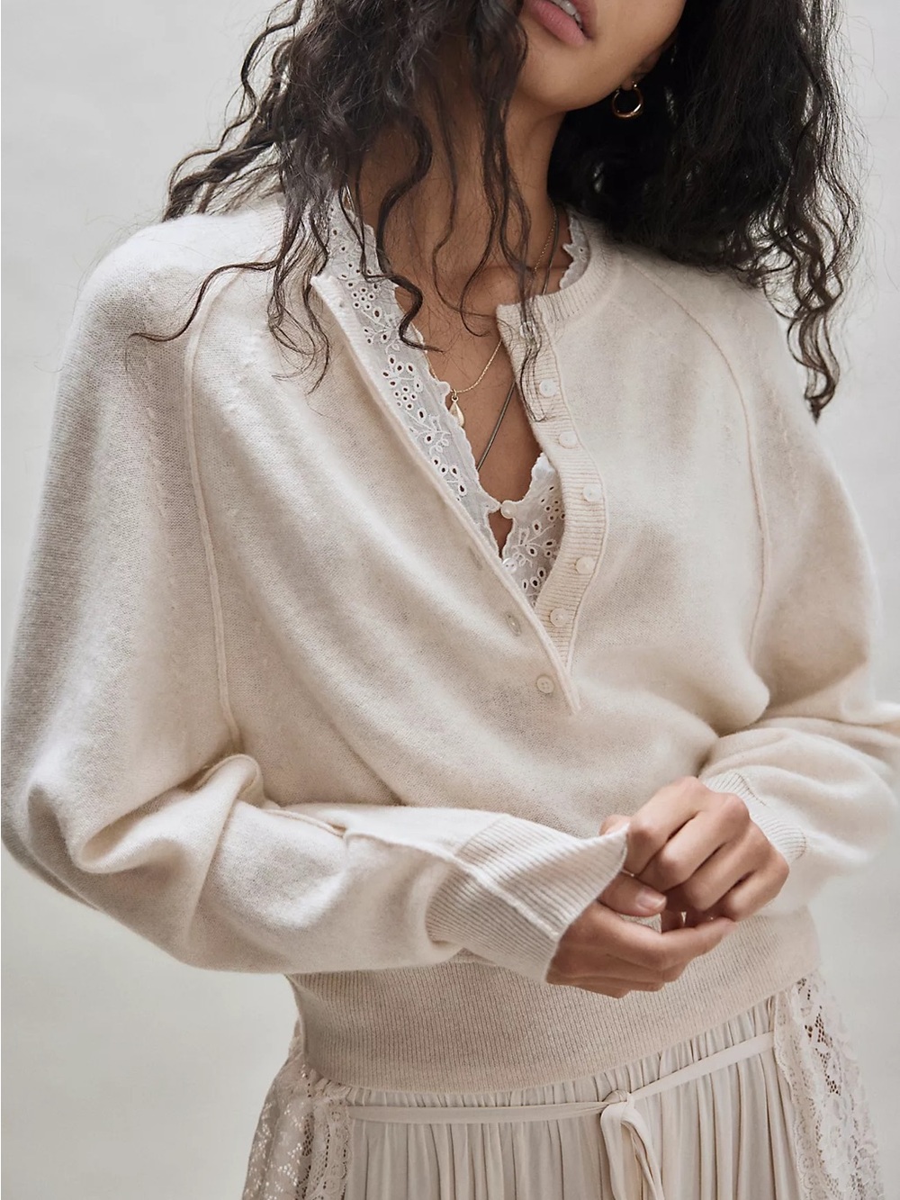 Free People Porta Cashmere Henley Sweater - Pearl / Cream